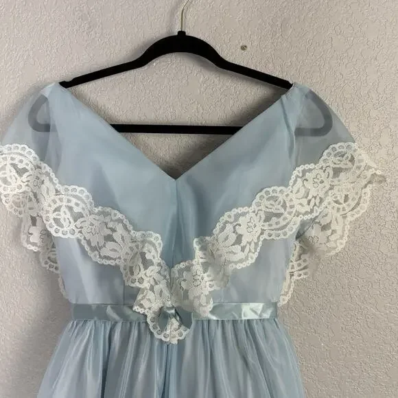 Vintage 70s Prairie Maxi Dress Gown Chiffon Lace Ruffles Light Blue Size XS  - threedaughtersproperties.com